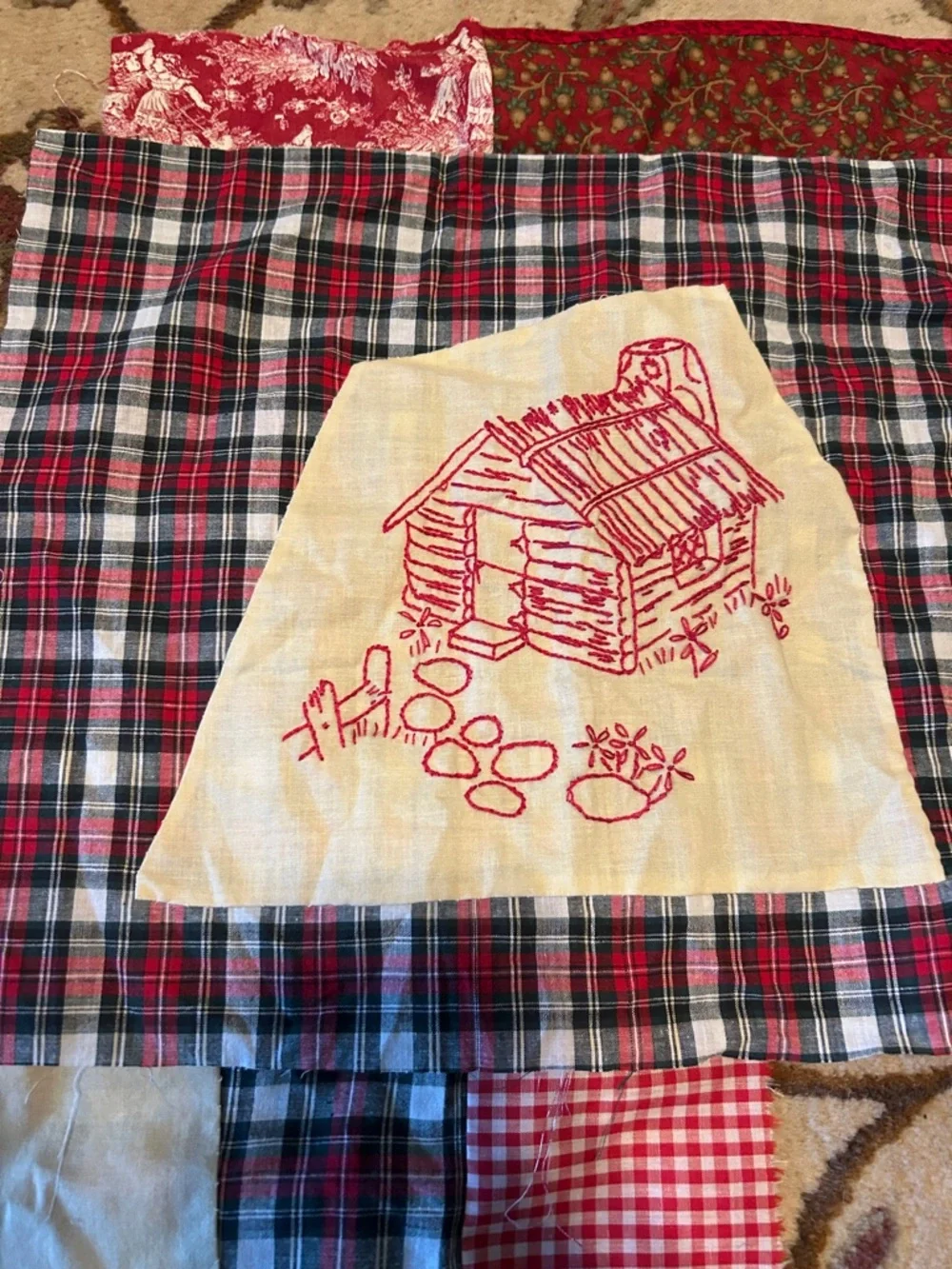 Patchwork quilt Redwork Three Little Pigs Quilt Squares in Red Plaid